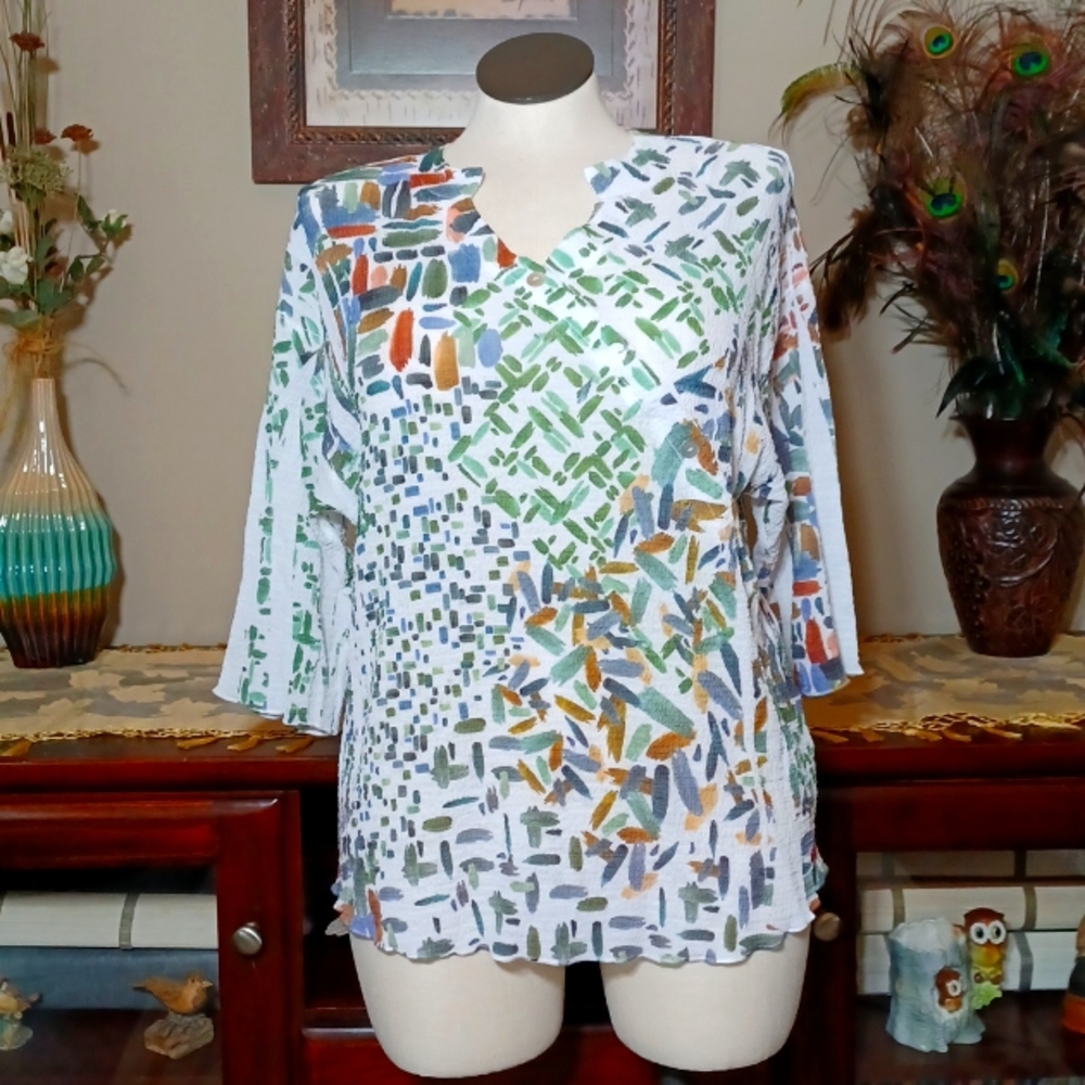 Sz L 3/4 Sleeve Plisse Blouse by Impulse California